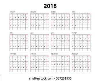 Calendar 2018 year simple style with grid. Week starts from sunday