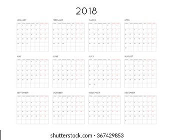 Calendar 2018 year simple style with grid. Week starts from monday