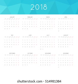 Calendar 2018 year simple style. With abstract geometric triangle mosaic tessllation header,banner.  Week starts from monday