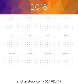 Calendar 2018 year simple style. With abstract geometric triangle mosaic tessllation header,banner.  Week starts from monday