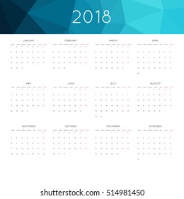 Calendar 2018 year simple style. With abstract geometric triangle mosaic tessllation header,banner.  Week starts from monday