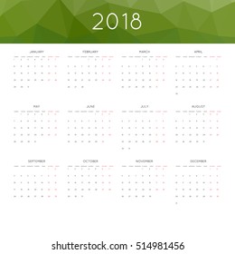 Calendar 2018 year simple style. With abstract geometric triangle mosaic tessllation header,banner.  Week starts from monday