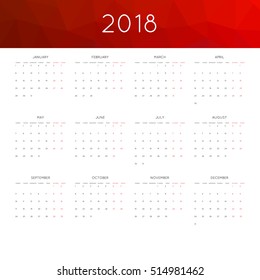 Calendar 2018 year simple style. With abstract geometric triangle mosaic tessllation header,banner.  Week starts from monday