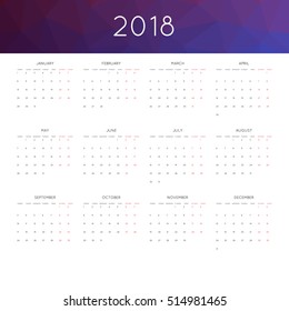 Calendar 2018 year simple style. With abstract geometric triangle mosaic tessllation header,banner.  Week starts from monday