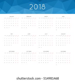 Calendar 2018 year simple style. With abstract geometric triangle mosaic tessllation header,banner.  Week starts from monday