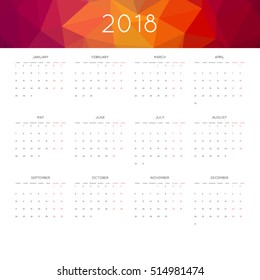 Calendar 2018 year simple style. With abstract geometric triangle mosaic tessllation header,banner.  Week starts from monday