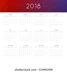 Calendar 2018 year simple style. With abstract geometric triangle mosaic tessllation header,banner.  Week starts from monday