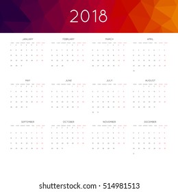 Calendar 2018 year simple style. With abstract geometric triangle mosaic tessllation header,banner.  Week starts from monday