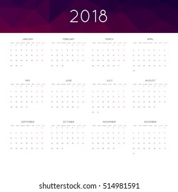 Calendar 2018 year simple style. With abstract geometric triangle mosaic tessllation header,banner.  Week starts from monday