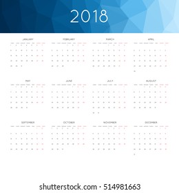 Calendar 2018 year simple style. With abstract geometric triangle mosaic tessllation header,banner.  Week starts from monday