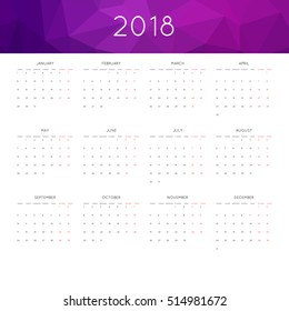 Calendar 2018 year simple style. With abstract geometric triangle mosaic tessllation header,banner.  Week starts from monday