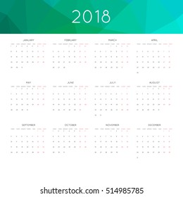 Calendar 2018 year simple style. With abstract geometric triangle mosaic tessllation header,banner.  Week starts from monday