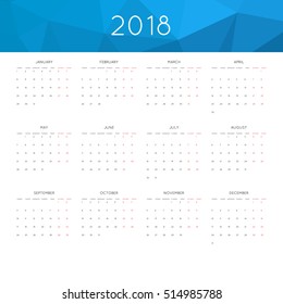 Calendar 2018 year simple style. With abstract geometric triangle mosaic tessllation header,banner.  Week starts from monday