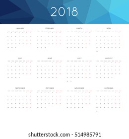 Calendar 2018 year simple style. With abstract geometric triangle mosaic tessllation header,banner.  Week starts from monday