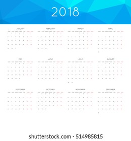 Calendar 2018 year simple style. With abstract geometric triangle mosaic tessllation header,banner.  Week starts from monday