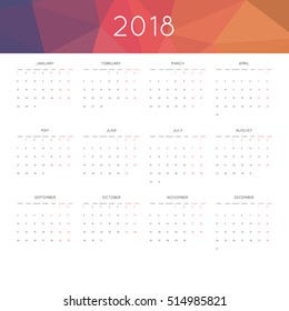 Calendar 2018 year simple style. With abstract geometric triangle mosaic tessllation header,banner.  Week starts from monday