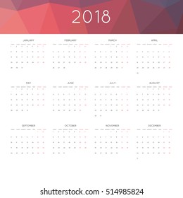 Calendar 2018 year simple style. With abstract geometric triangle mosaic tessllation header,banner.  Week starts from monday