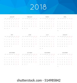 Calendar 2018 year simple style. With abstract geometric triangle mosaic tessllation header,banner.  Week starts from monday