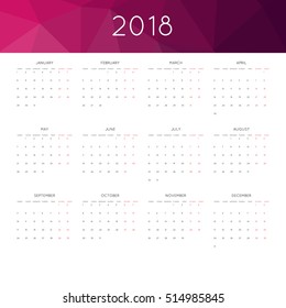 Calendar 2018 year simple style. With abstract geometric triangle mosaic tessllation header,banner.  Week starts from monday