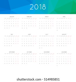 Calendar 2018 year simple style. With abstract geometric triangle mosaic tessllation header,banner.  Week starts from monday