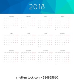 Calendar 2018 year simple style. With abstract geometric triangle mosaic tessllation header,banner.  Week starts from monday