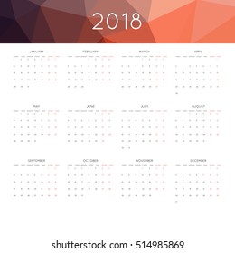 Calendar 2018 year simple style. With abstract geometric triangle mosaic tessllation header,banner.  Week starts from monday
