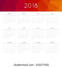 Calendar 2018 year simple style. With abstract geometric triangle mosaic tessllation header,banner.  Week starts from monday
