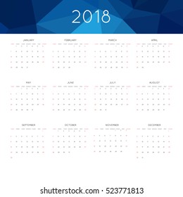 Calendar 2018 year simple style. With abstract geometric triangle mosaic tessllation header,banner.  Week starts from sunday