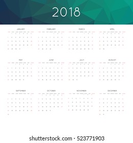 Calendar 2018 year simple style. With abstract geometric triangle mosaic tessllation header,banner.  Week starts from sunday