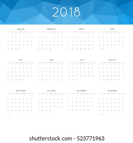 Calendar 2018 year simple style. With abstract geometric triangle mosaic tessllation header,banner.  Week starts from sunday