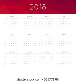 Calendar 2018 year simple style. With abstract geometric triangle mosaic tessllation header,banner.  Week starts from sunday