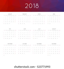 Calendar 2018 year simple style. With abstract geometric triangle mosaic tessllation header,banner.  Week starts from sunday