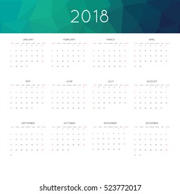 Calendar 2018 year simple style. With abstract geometric triangle mosaic tessllation header,banner.  Week starts from sunday