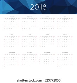 Calendar 2018 year simple style. With abstract geometric triangle mosaic tessllation header,banner.  Week starts from sunday