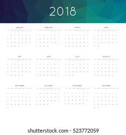 Calendar 2018 year simple style. With abstract geometric triangle mosaic tessllation header,banner.  Week starts from sunday