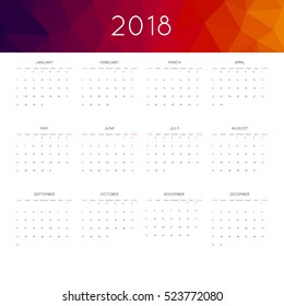 Calendar 2018 year simple style. With abstract geometric triangle mosaic tessllation header,banner.  Week starts from sunday