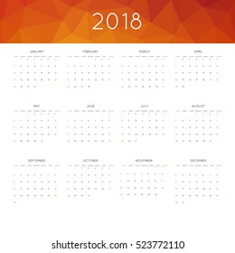 Calendar 2018 year simple style. With abstract geometric triangle mosaic tessllation header,banner.  Week starts from sunday