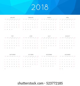 Kalender 2018 Jahr einfach Stil. Mit abstraktem geometrischem Dreieck-Mosaik-Tessellier Header, Banner.  Die Woche beginnt am Sonntag