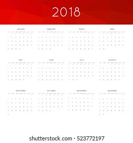 Calendar 2018 year simple style. With abstract geometric triangle mosaic tessllation header,banner.  Week starts from sunday