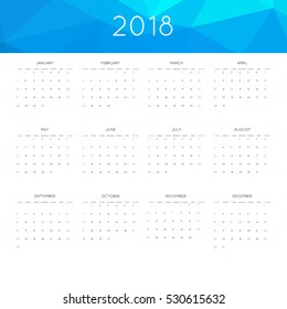Calendar 2018 year simple style. With abstract geometric triangle mosaic tessllation header,banner.  Week starts from sunday