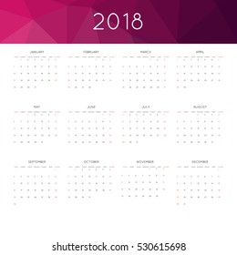 Calendar 2018 year simple style. With abstract geometric triangle mosaic tessllation header,banner.  Week starts from sunday