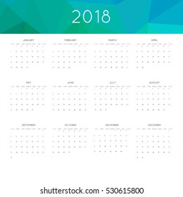Calendar 2018 year simple style. With abstract geometric triangle mosaic tessllation header,banner.  Week starts from sunday
