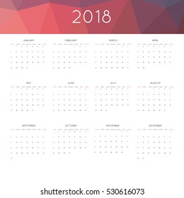 Calendar 2018 year simple style. With abstract geometric triangle mosaic tessllation header,banner.  Week starts from sunday