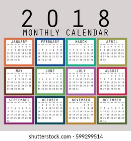 Calendar 2018 year simple style. Week starts from sunday