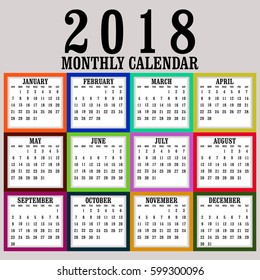 Calendar 2018 year simple style. Week starts from sunday