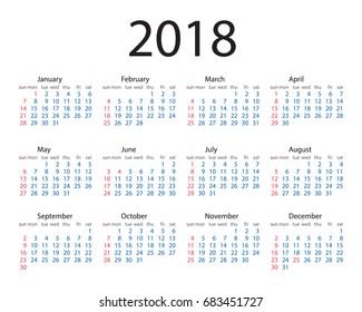 Calendar 2018 year simple style. Week starts from sunday. Vector circle calendar 2018. Week starts from Sunday. Vector calendar for 2018 on white background. Calendar for 2018 year. Vector, eps 10.