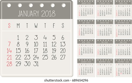 Calendar 2018 year simple style. Week starts from sunday