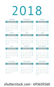 Calendar 2018 year simple style. Week starts from sunday. Vector illustration