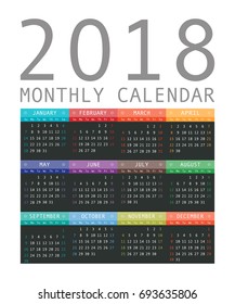 Calendar 2018 year simple style. Week starts from sunday. Vector illustration