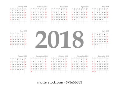 Calendar 2018 year simple style. Week starts from sunday. Vector illustration